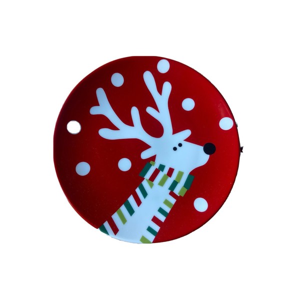 CRATE & BARREL CHRISTMAS REINDEER 4 ROUND DESSERT PLATES RED STRIPPED SCARF 2008 - Picture 1 of 1